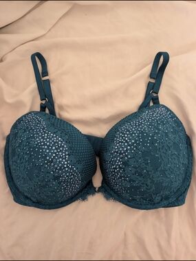 Teal Lace Vintage Victoria's Secret Push-Up Bra with Sequin Detail